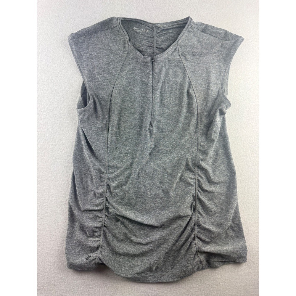 Athleta Gray Heathered Ruched Sleeveless‎ Cycling Jersey Top Large Zipper Pocket